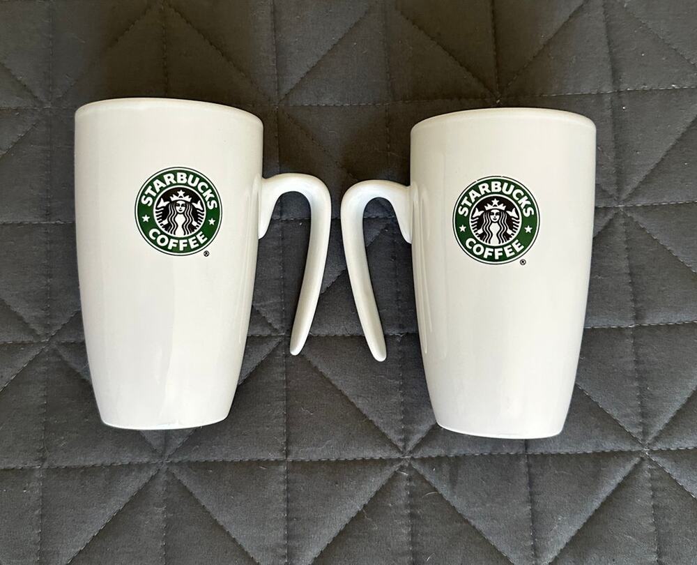 Starbucks Mermaid Logo White Coffee Cups 2007 Open Handle 9oz set of 2